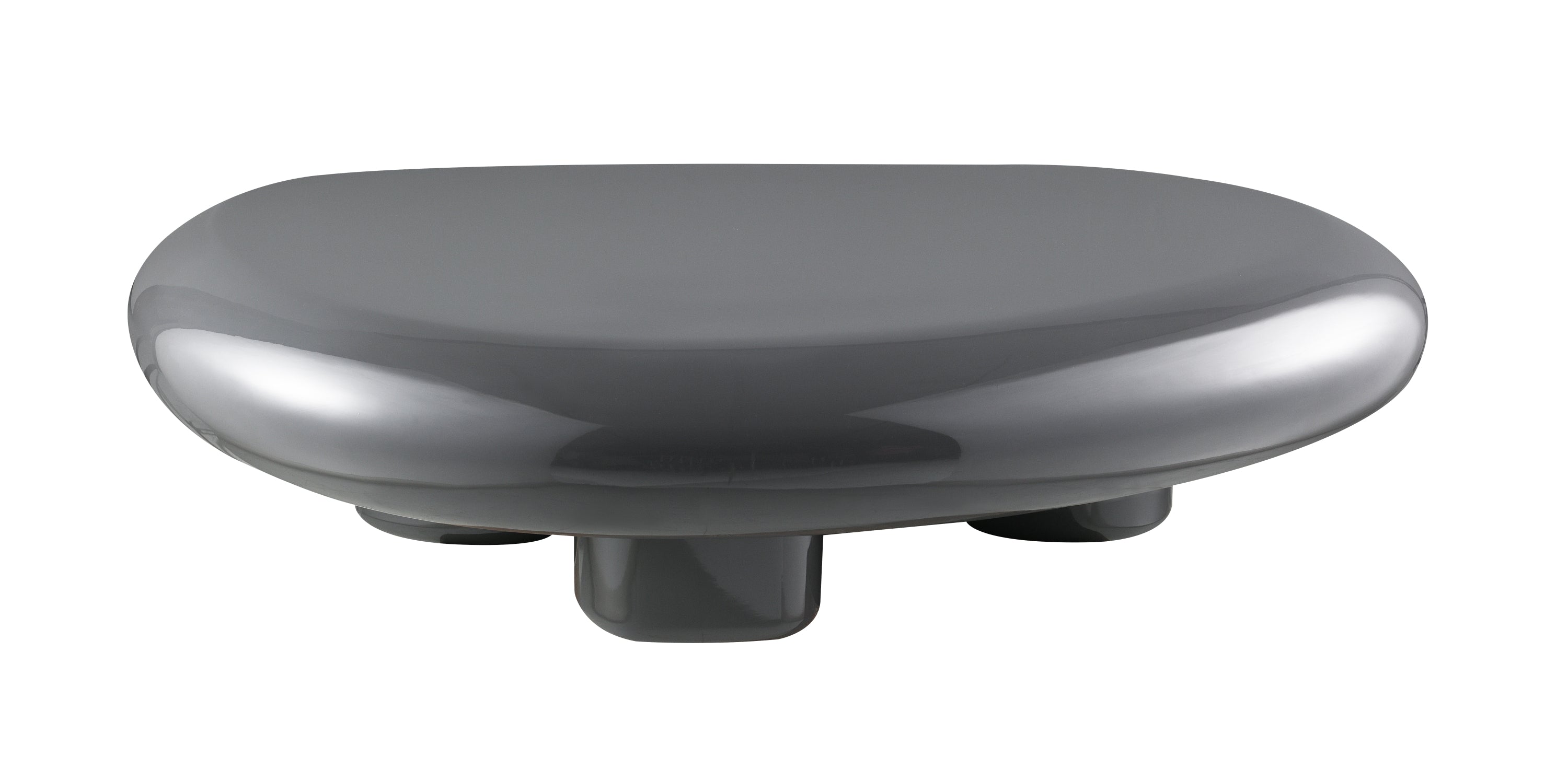 Charlene Gloss Coffee Table in gray MDF with a smooth, pebble-like shape and glossy surface supported by three rounded legs.