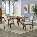 Walnut Oak Dining Set with Geometric Cross Base in modern dining room, includes 70' table and 4 cushioned chairs, perfect for family meals.