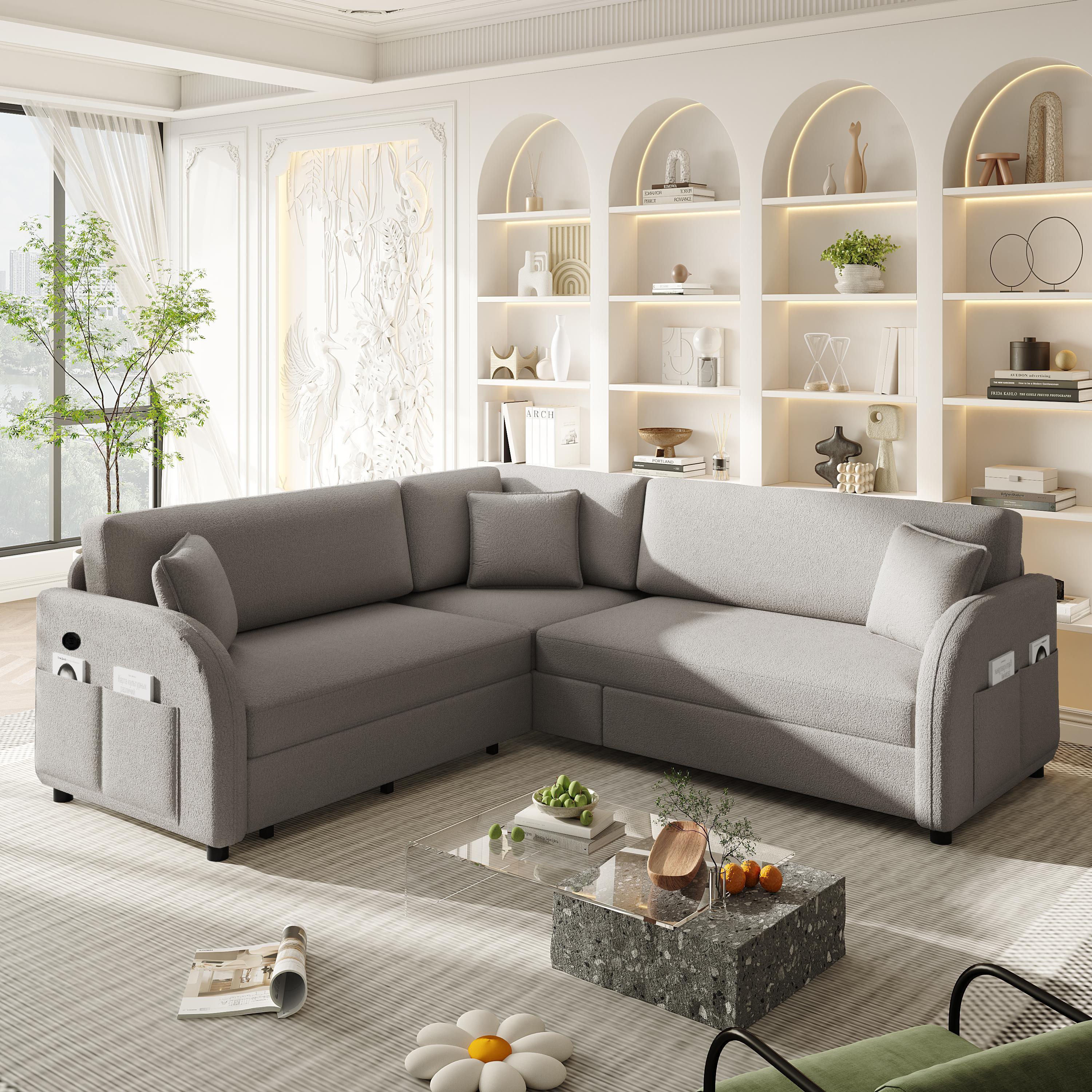 85.1' L-Shaped Sofa Bed with USB Port and Pocket.