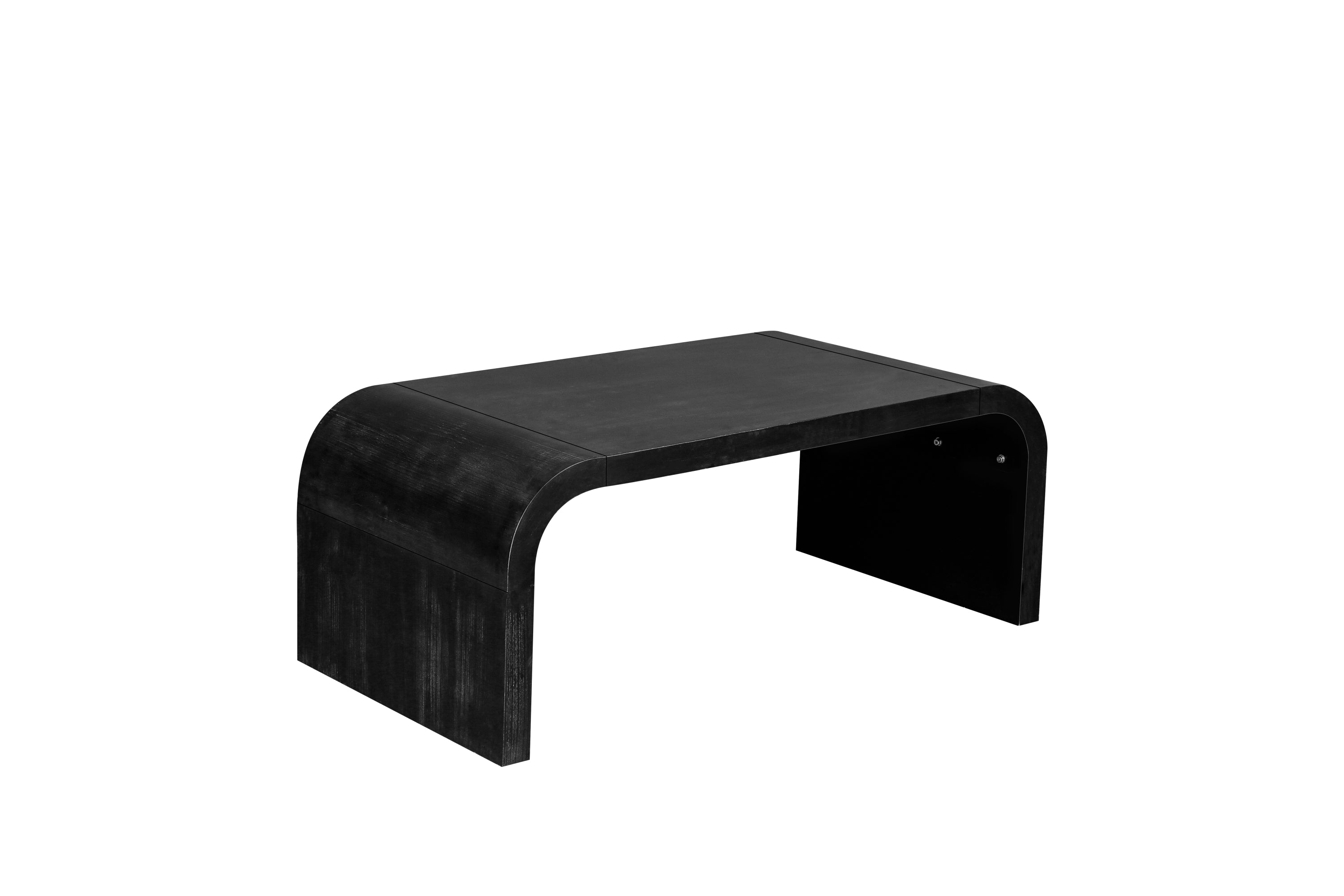 Side perspective of the Vintage Farmhouse Coffee Table with curved edges and matte black finish, ideal for rustic interiors.