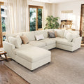U-shaped sectional sofa with ottoman in cream chenille fabric, perfect for large living rooms with modular seating and plush cushions.