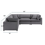 Cassandra Modular 5-Piece Sectional in Charcoal Grey with Solid Wood Legs and Plush Fabric Upholstery.