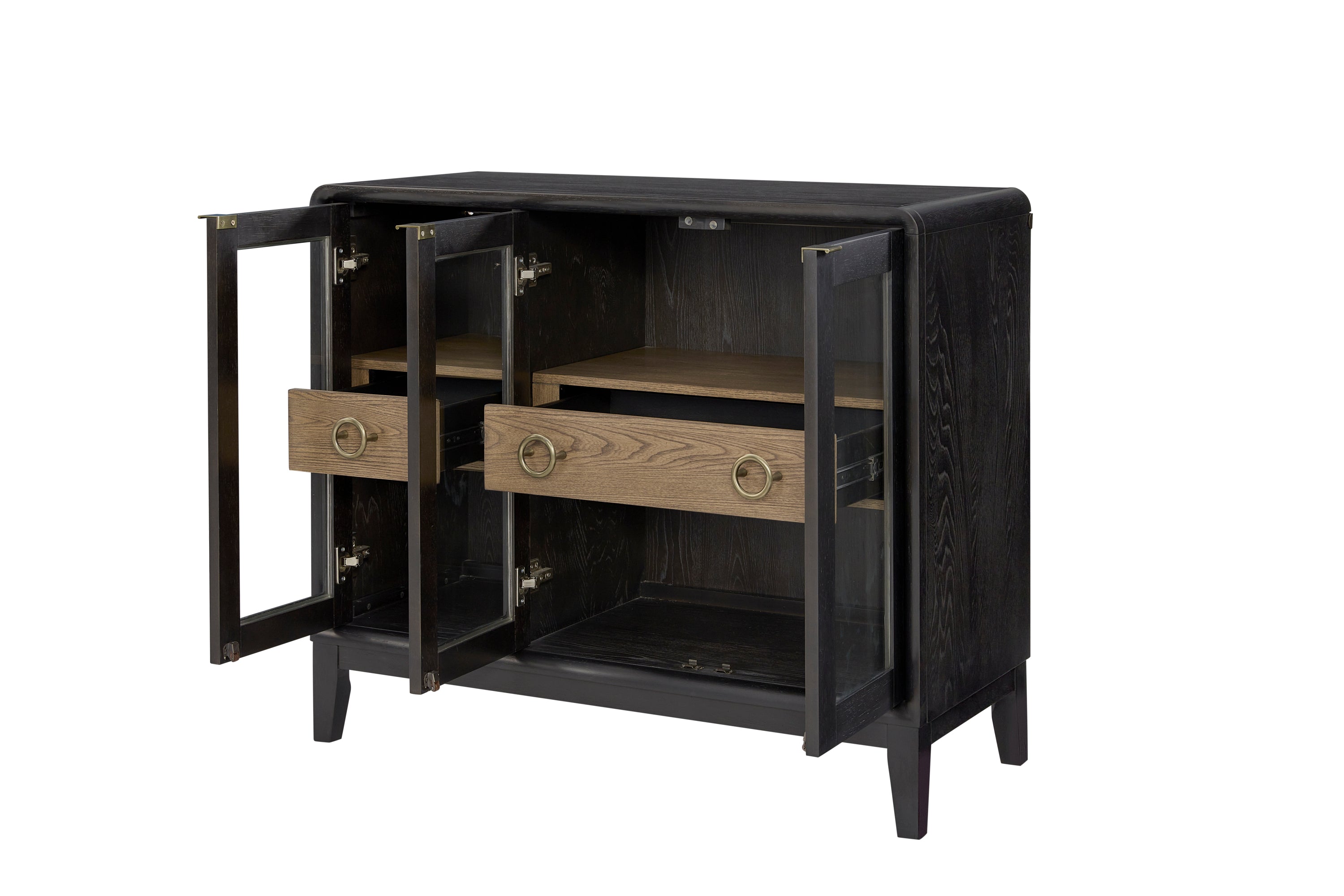 Peppercorn Glass Door Server Furniture with open doors revealing spacious interior storage and two central drawers for organization.