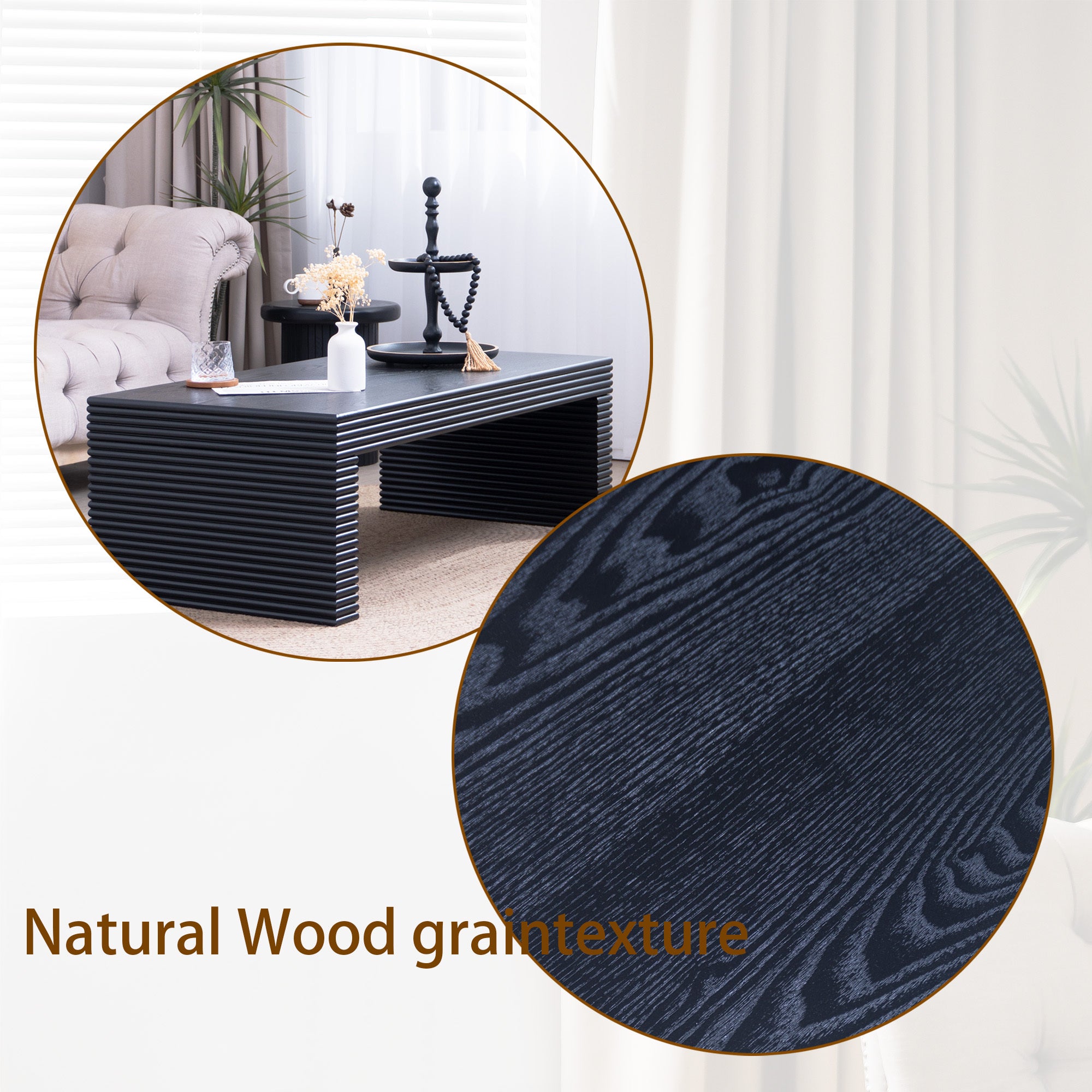 Natural wood grain texture of the 47.6 modern black ribbed coffee table highlighted in a close-up, enhancing its organic appeal.