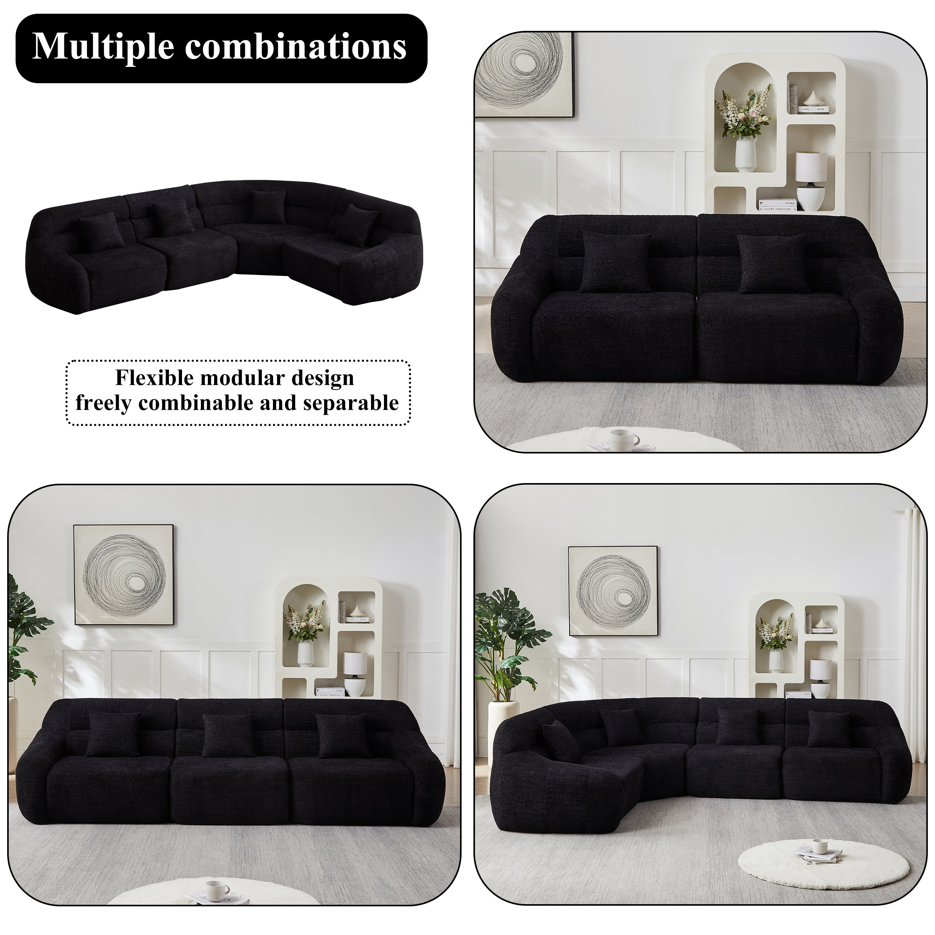 Multiple layout options for Modern Black Modular Sofa - Luxury Chenille 4-seater, featuring flexible modular design for custom arrangements.