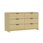 Angled front view of Grace 60" Dresser in Oak with 6 drawers, highlighting its modern design and sturdy build.