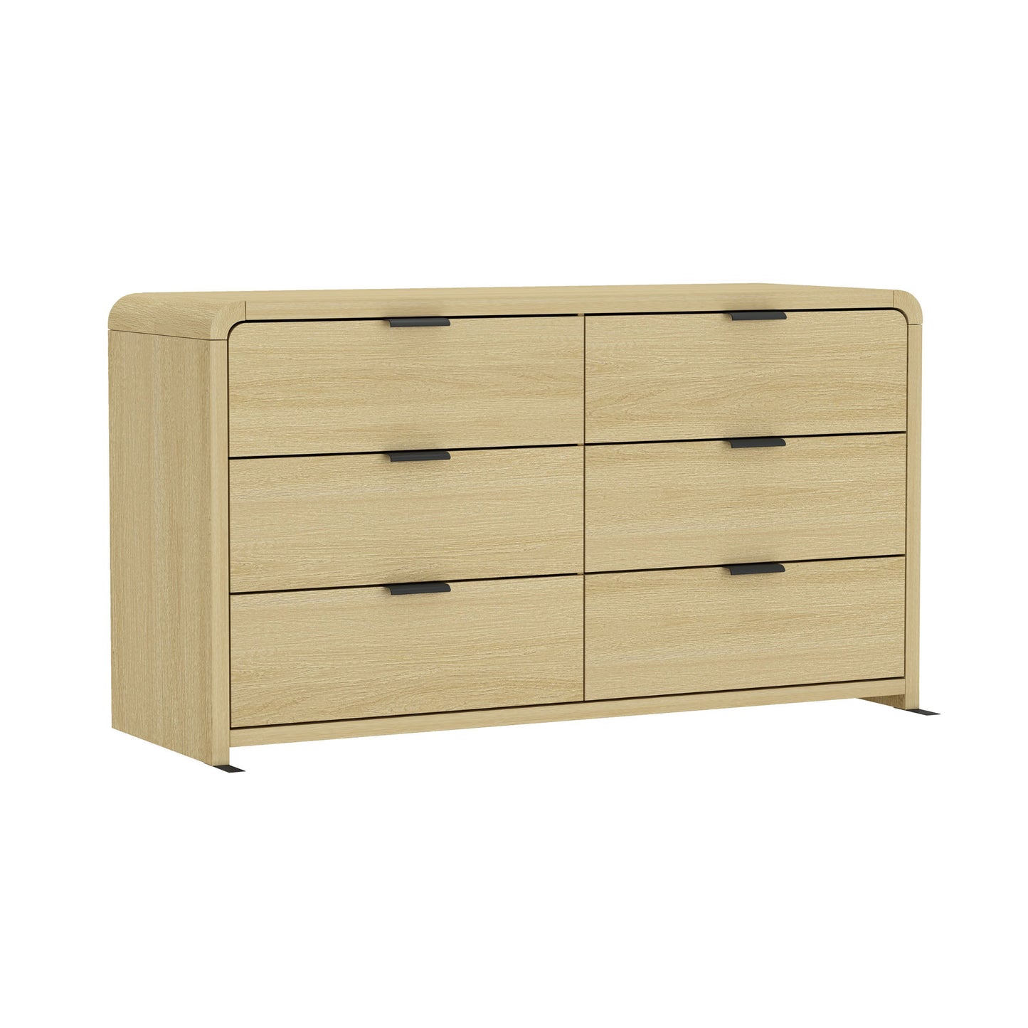 Angled front view of Grace 60" Dresser in Oak with 6 drawers, highlighting its modern design and sturdy build.