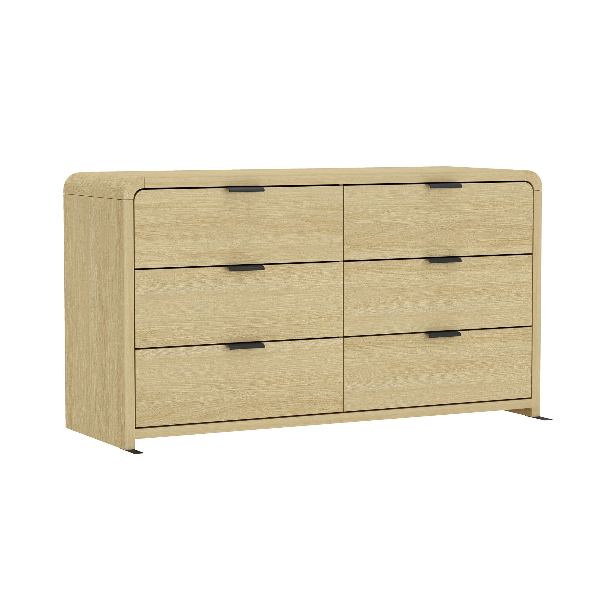 Angled front view of Grace 60" Dresser in Oak with 6 drawers, highlighting its modern design and sturdy build.