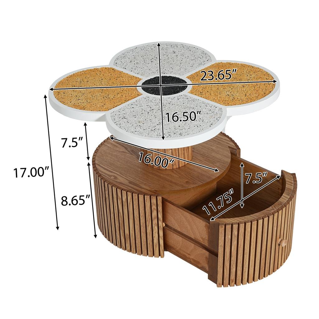Dimensions of Unique Four-Leaf Clover Side Table with 23.65-inch top and 17-inch height, featuring a curved wood-grain storage drawer.