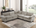 Modern 5-piece modular sectional sofa in plush gray chenille, featuring a contemporary design and deep, comfortable seats.