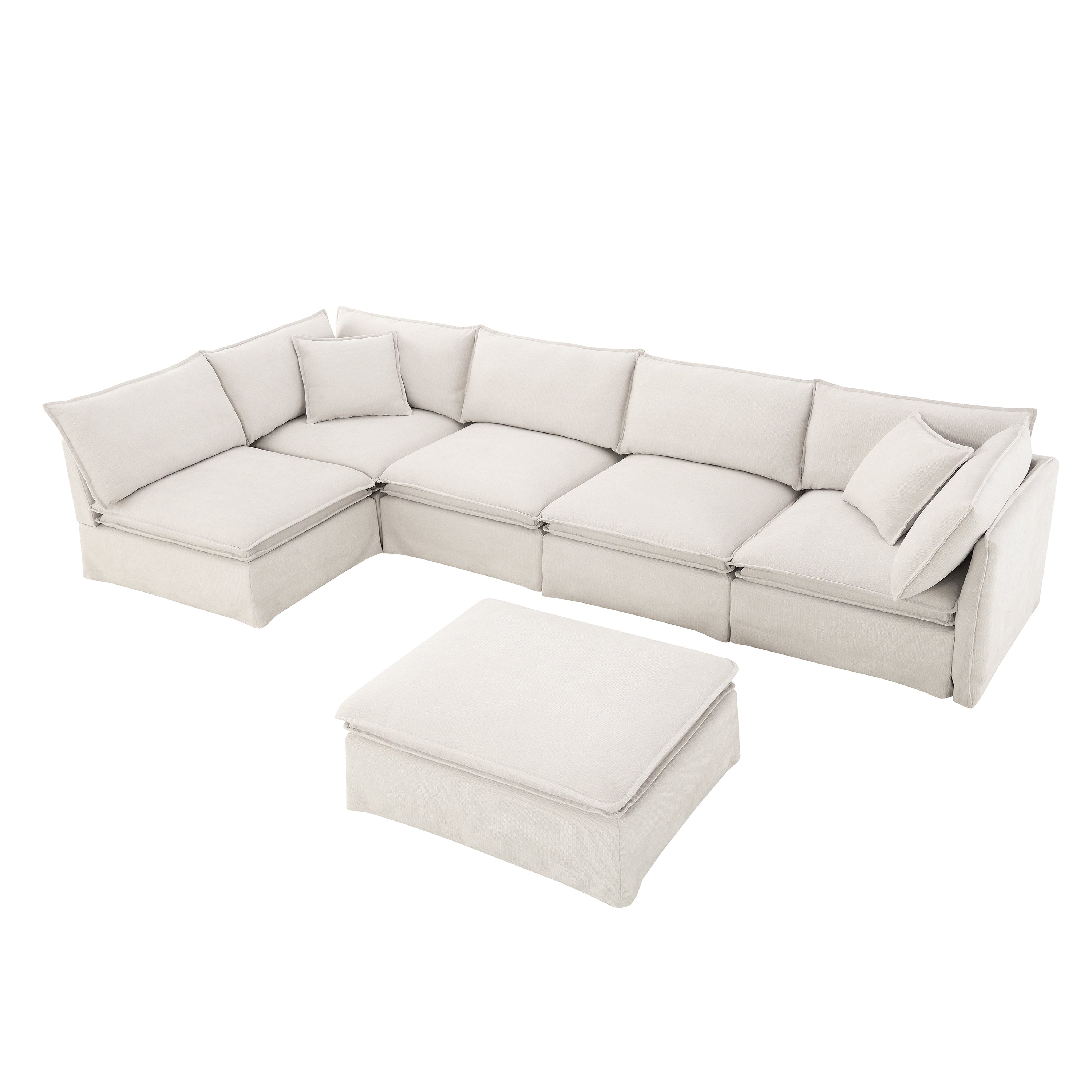 Modular sectional sofa with separate ottoman in neutral fabric, offering customizable seating for modern living rooms.