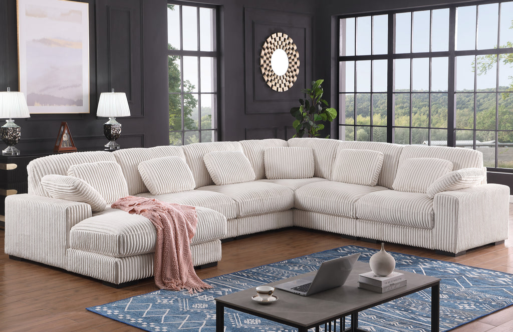 Beige Corduroy Corner Sofa with Left Chaise in a modern living room, featuring modular design and plush seating for 6 people.