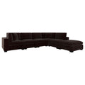 Modern 6-piece modular sectional in dark chocolate fabric with a low-profile black wood frame on a white background.