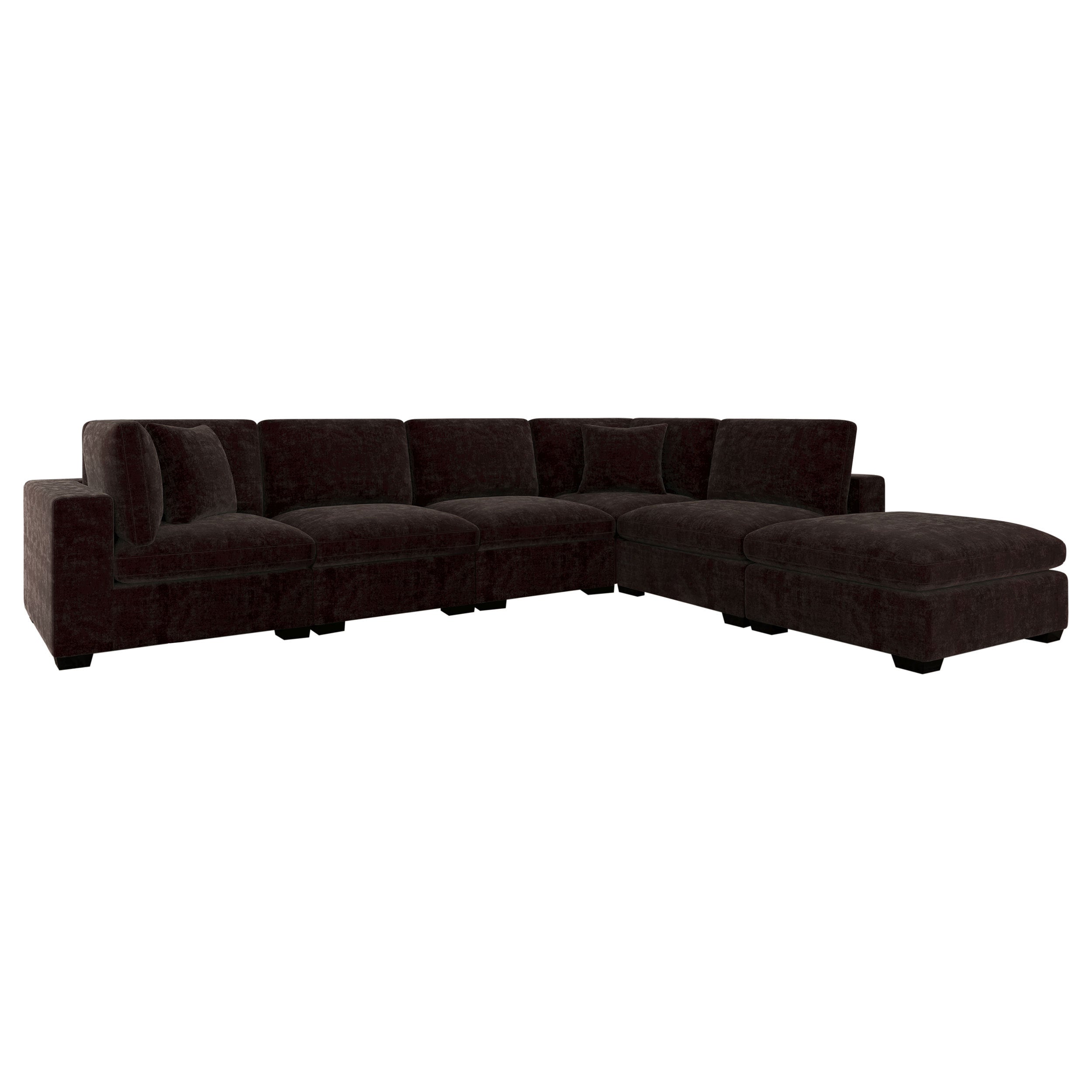 Modern 6-piece modular sectional in dark chocolate fabric with a low-profile black wood frame on a white background.
