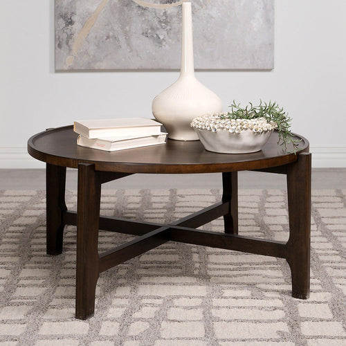 Round Solid Wood Coffee Table in Dark Brown.