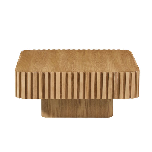 Modern 35.43 Inch Handcraft Drum Coffee Table Square Coffee Table for Living Room,Small Wooden Coffee Table with Sturdy MDF Pedesta,Narual Color Coffee Table