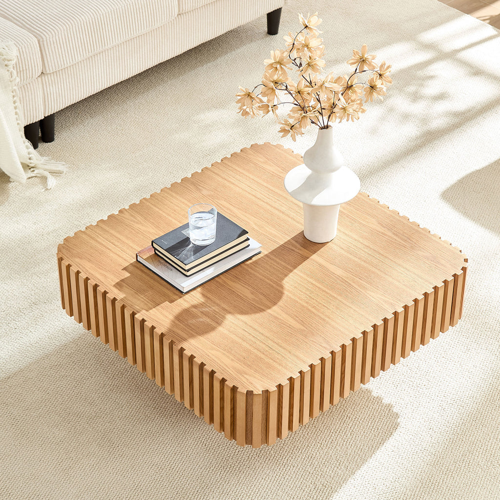 Modern 35.43 Inch Handcraft Drum Coffee Table Square Coffee Table for Living Room,Small Wooden Coffee Table with Sturdy MDF Pedesta,Narual Color Coffee Table