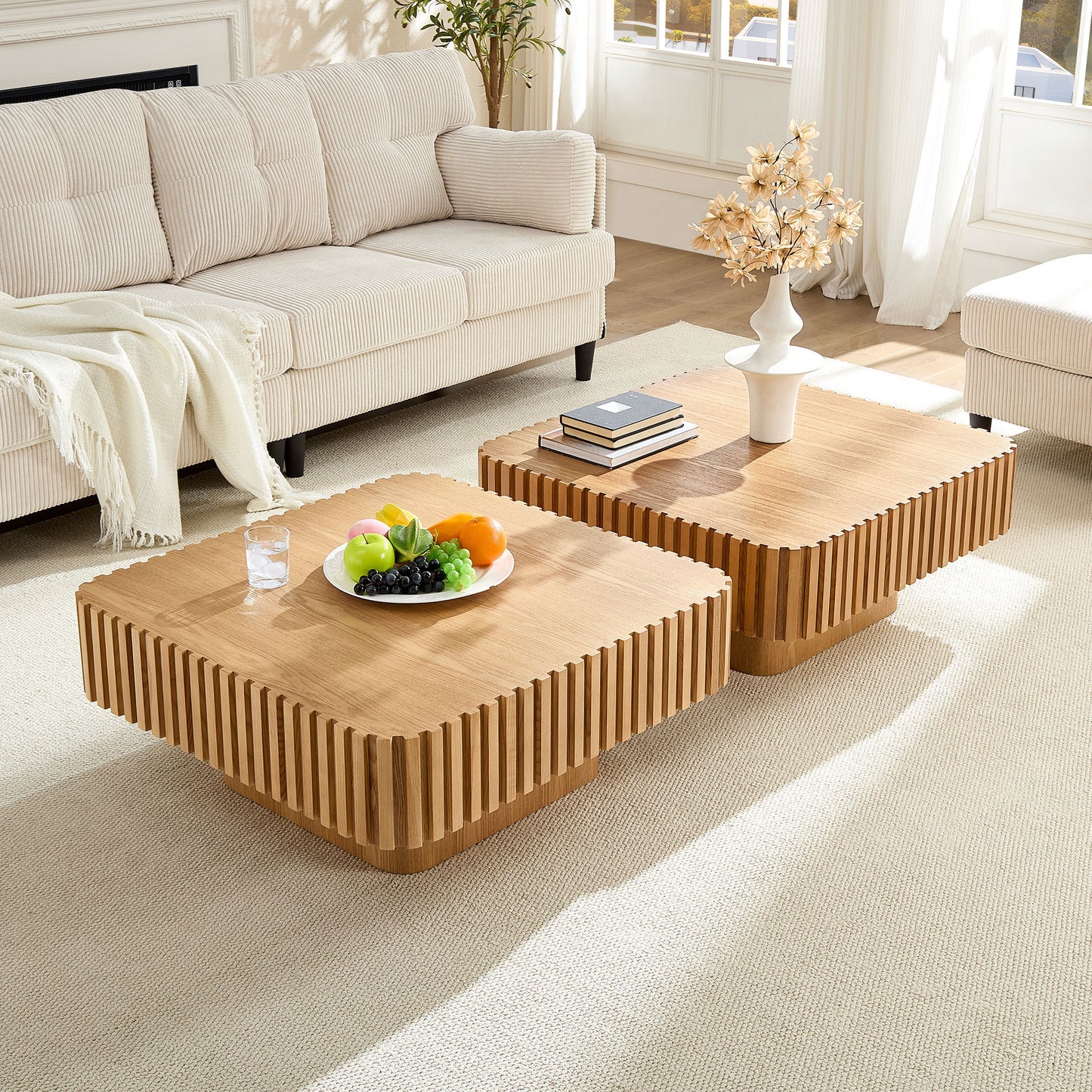 Modern 35.43 Inch Handcraft Drum Coffee Table Square Coffee Table for Living Room,Small Wooden Coffee Table with Sturdy MDF Pedesta,Narual Color Coffee Table