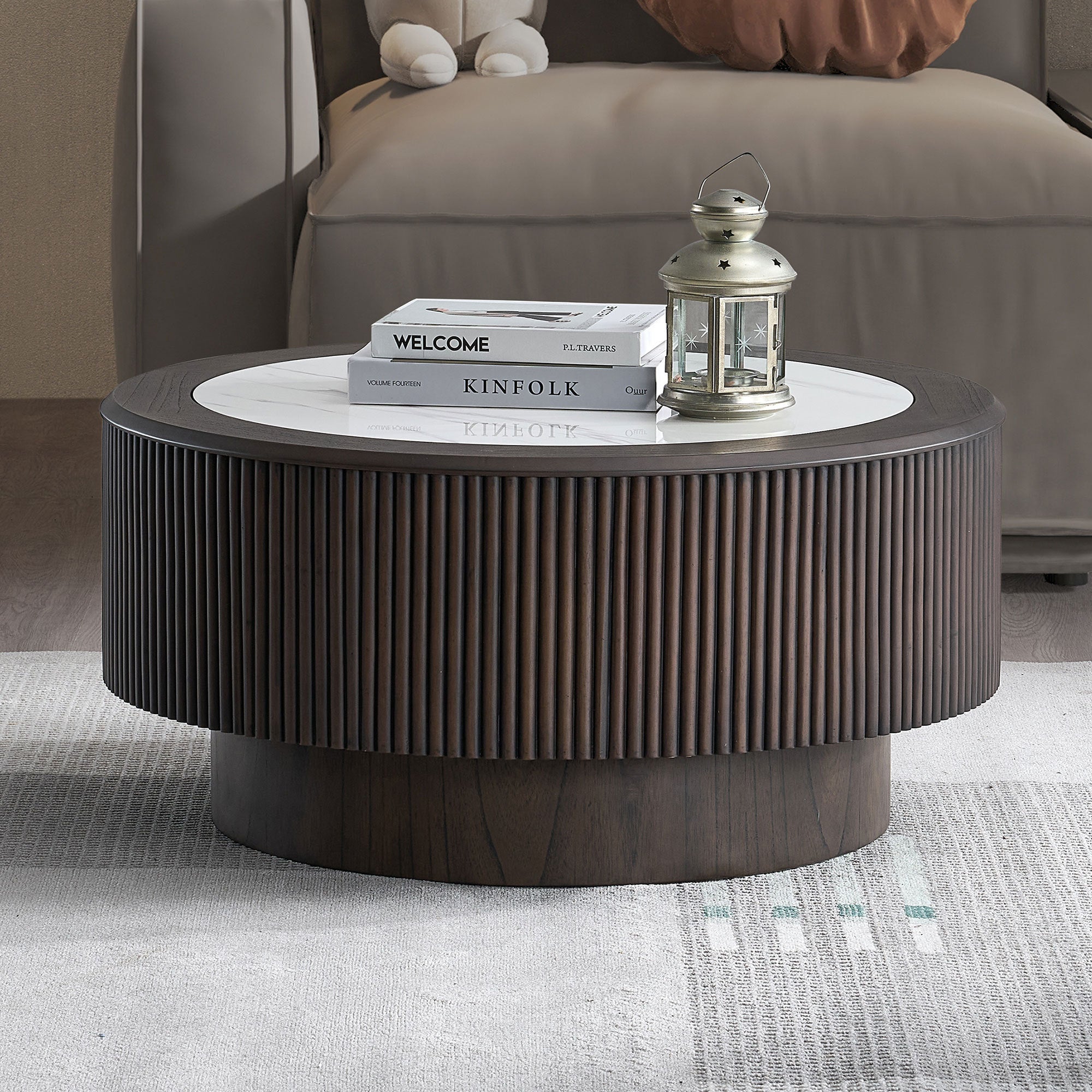 35.43 inch inch Modern Marble Pattern Coffee Table Round Coffee Table for Living Room,Small Table with Sturdy Pedestal,Dark Brown