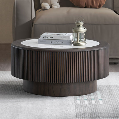 35.43 inch inch Modern Marble Pattern Coffee Table Round Coffee Table for Living Room,Small Table with Sturdy Pedestal,Dark Brown