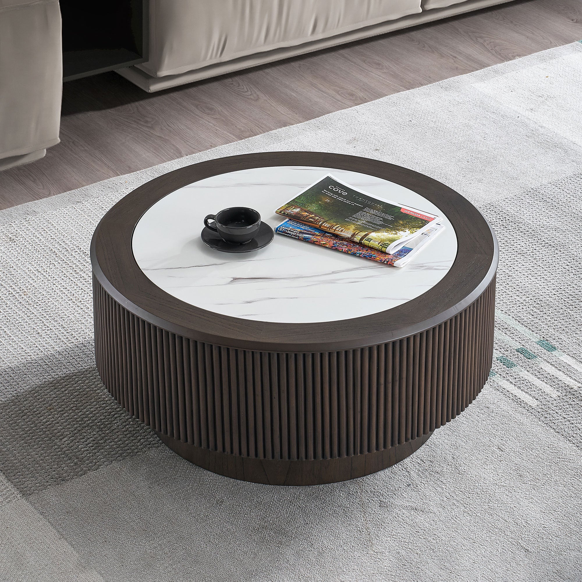 35.43 inch inch Modern Marble Pattern Coffee Table Round Coffee Table for Living Room,Small Table with Sturdy Pedestal,Dark Brown