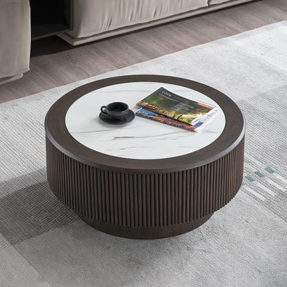 35.43 inch inch Modern Marble Pattern Coffee Table Round Coffee Table for Living Room,Small Table with Sturdy Pedestal,Dark Brown