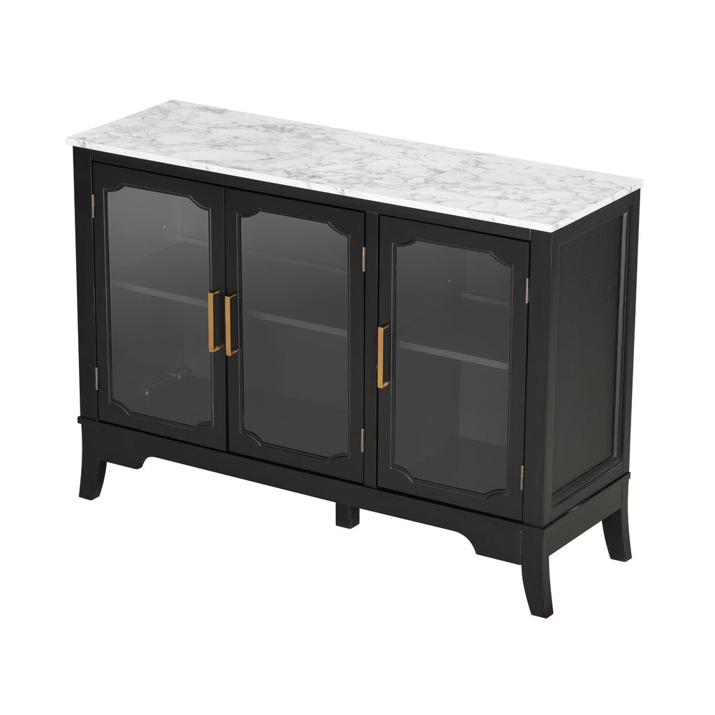 Top-down angled view of black and white storage cabinet with marble-look top and three glass doors, designed for stylish storage.