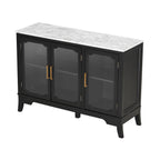 Top-down angled view of black and white storage cabinet with marble-look top and three glass doors, designed for stylish storage.