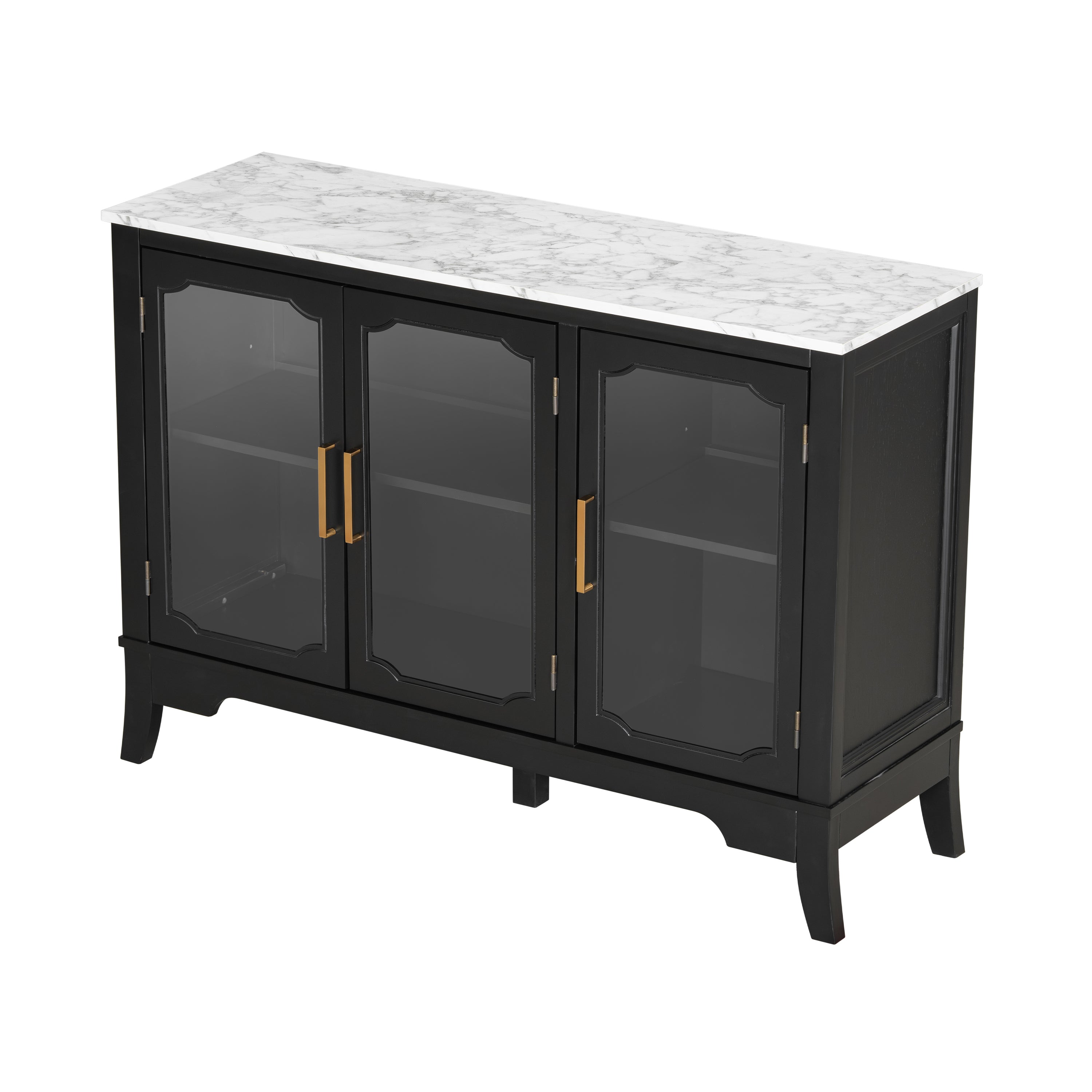 Top-down angled view of black and white storage cabinet with marble-look top and three glass doors, designed for stylish storage.