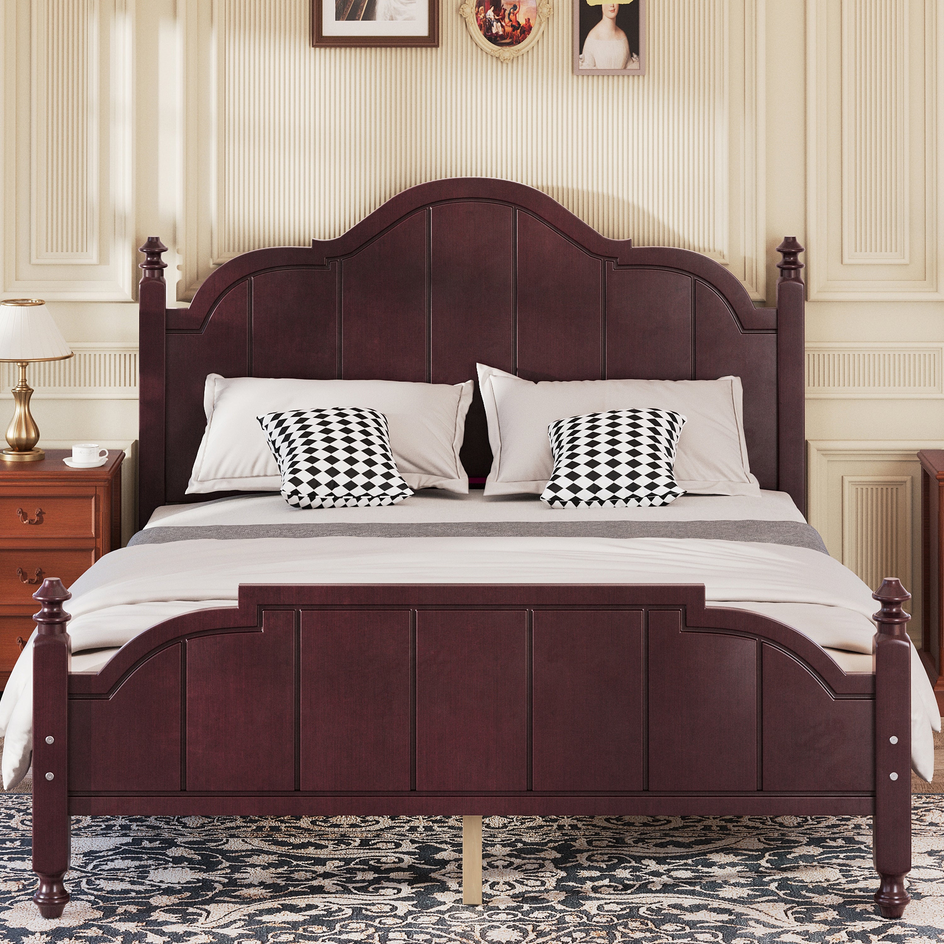Queen bed frame with headboard in vintage platform design, featuring dark wood finish and slat support, styled in a classic bedroom setting.