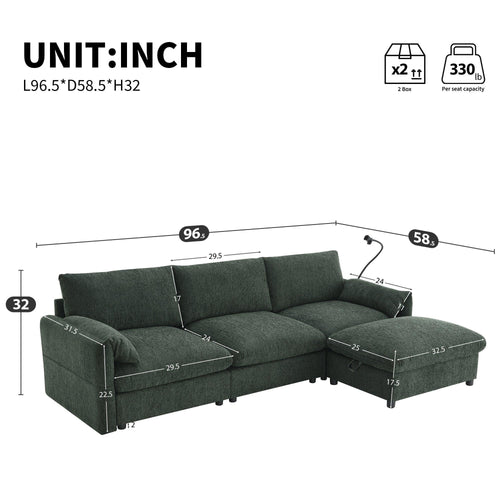 L-Shaped Sectional Sofa with Storage Ottoman and USB Charger.