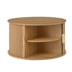 [Assembly Video]Mid-Century Coffee Table Set with Sliding Tambour Door, Round Fluted End Table With Storage, Golden Handle Tall & Low Side Table with Wooden Finish for Living Room, Set of Two ,Natural.