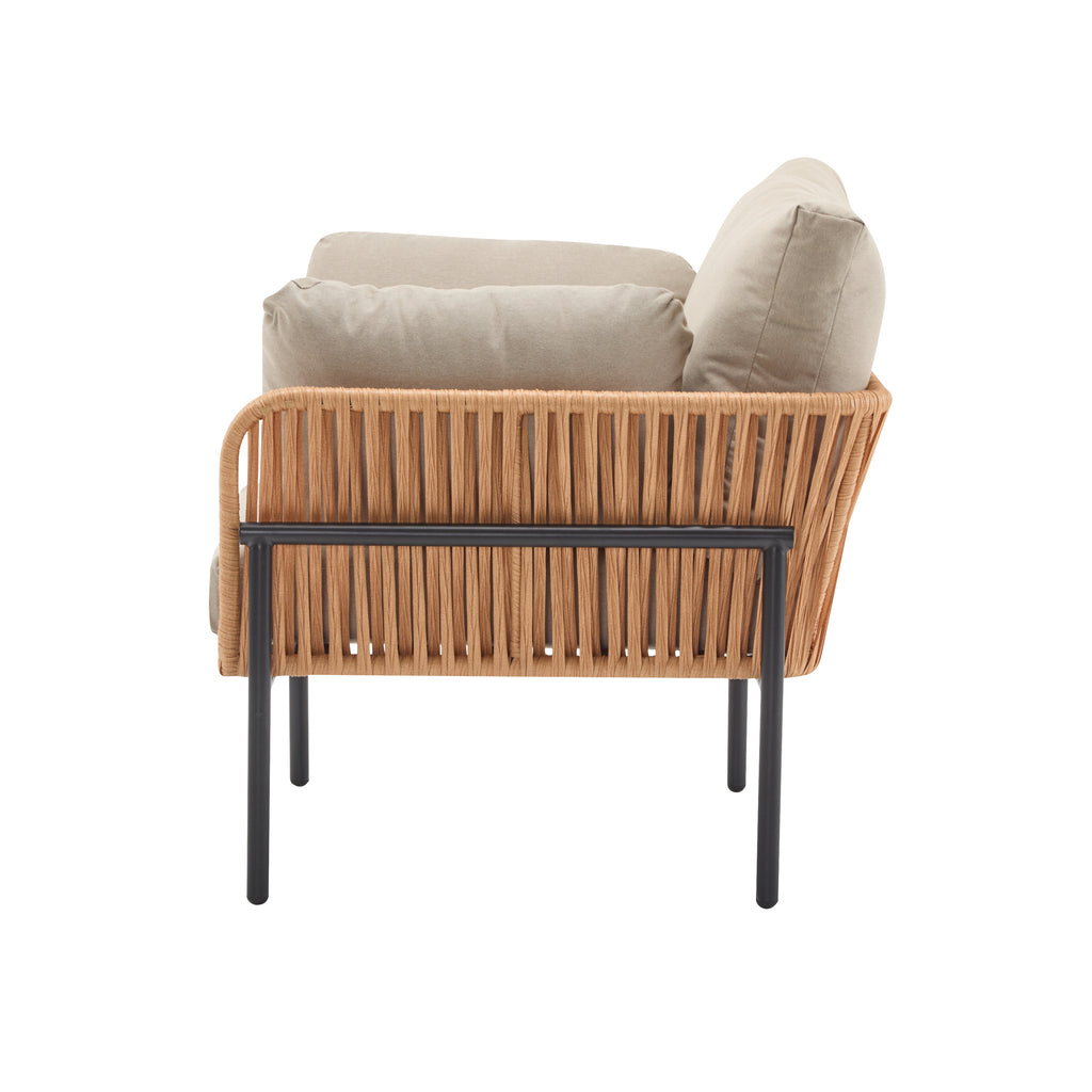 36' Beige and Light Wood-Tone Rope Iron Lounge Chair with Cushions, Perfect for Natural and Modern Spaces - Groovy Boardz