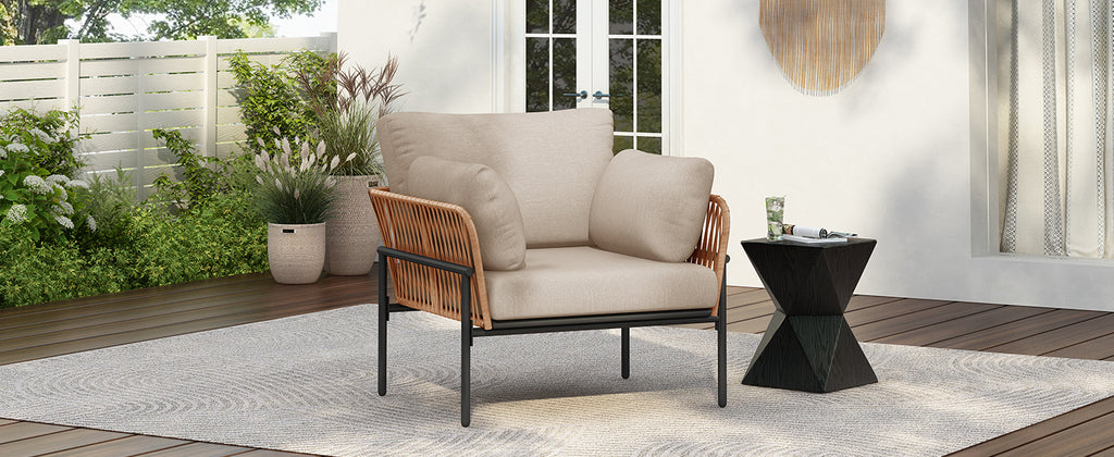 36' Beige and Light Wood-Tone Rope Iron Lounge Chair with Cushions, Perfect for Natural and Modern Spaces - Groovy Boardz