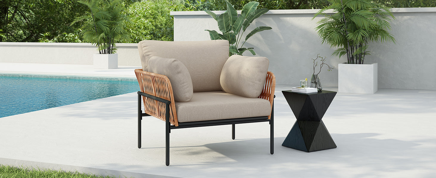 36' Beige and Light Wood-Tone Rope Iron Lounge Chair with Cushions, Perfect for Natural and Modern Spaces - Groovy Boardz