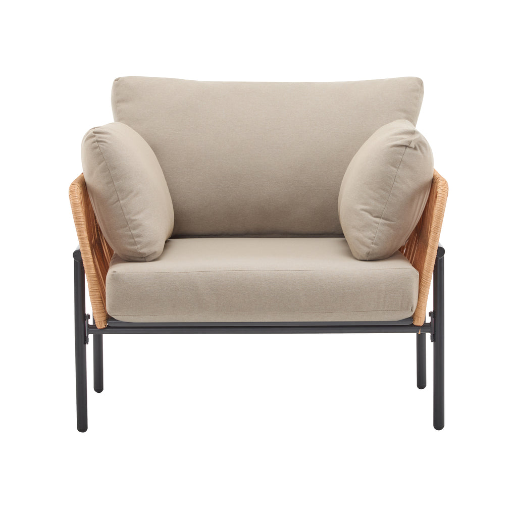 36' Beige and Light Wood-Tone Rope Iron Lounge Chair with Cushions, Perfect for Natural and Modern Spaces - Groovy Boardz