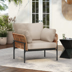 36' Beige and Light Wood-Tone Rope Iron Lounge Chair with Cushions, Perfect for Natural and Modern Spaces - Groovy Boardz