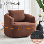 360° Swivel Round Upholstered Comfy Chair With One Soft Pillow, Teddy Fleece High-Resilience Sponge Single Sofa, No Assembly for Living Room, Bedroom, Apartment, Caramel Brown