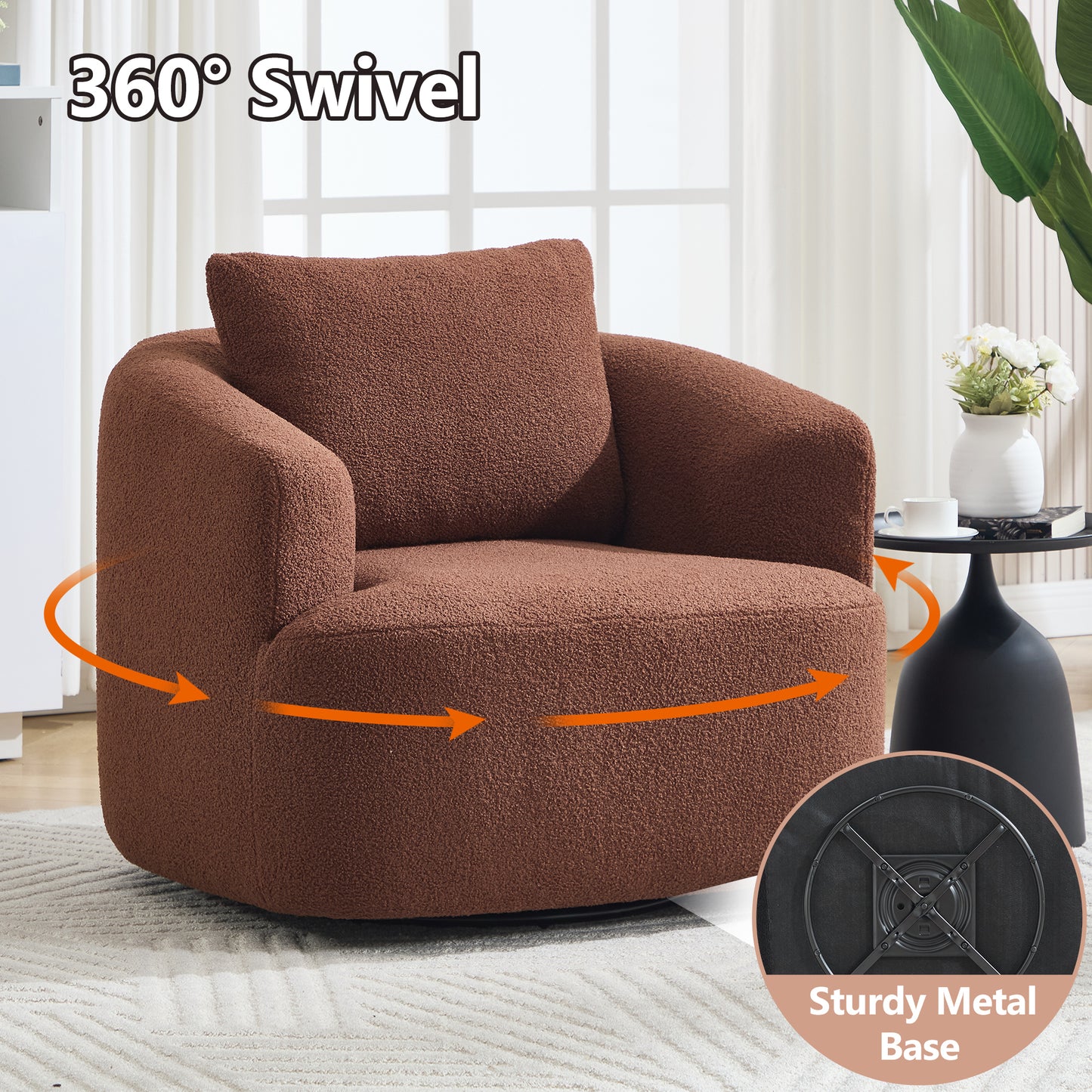 360° Swivel Round Upholstered Comfy Chair With One Soft Pillow, Teddy Fleece High-Resilience Sponge Single Sofa, No Assembly for Living Room, Bedroom, Apartment, Caramel Brown
