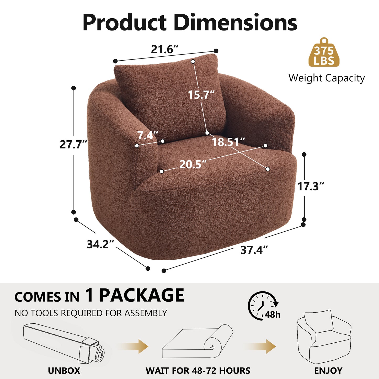 360° Swivel Round Upholstered Comfy Chair With One Soft Pillow, Teddy Fleece High-Resilience Sponge Single Sofa, No Assembly for Living Room, Bedroom, Apartment, Caramel Brown