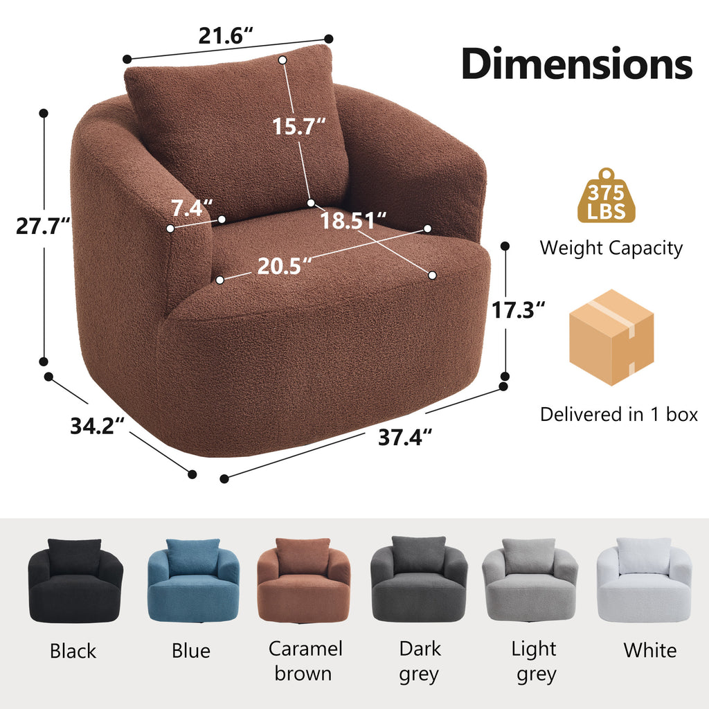 360° Swivel Round Upholstered Comfy Chair With One Soft Pillow, Teddy Fleece High-Resilience Sponge Single Sofa, No Assembly for Living Room, Bedroom, Apartment, Caramel Brown
