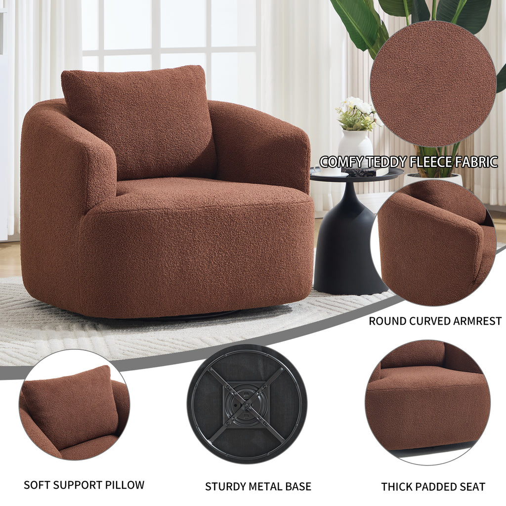 360° Swivel Round Upholstered Comfy Chair With One Soft Pillow, Teddy Fleece High-Resilience Sponge Single Sofa, No Assembly for Living Room, Bedroom, Apartment, Caramel Brown
