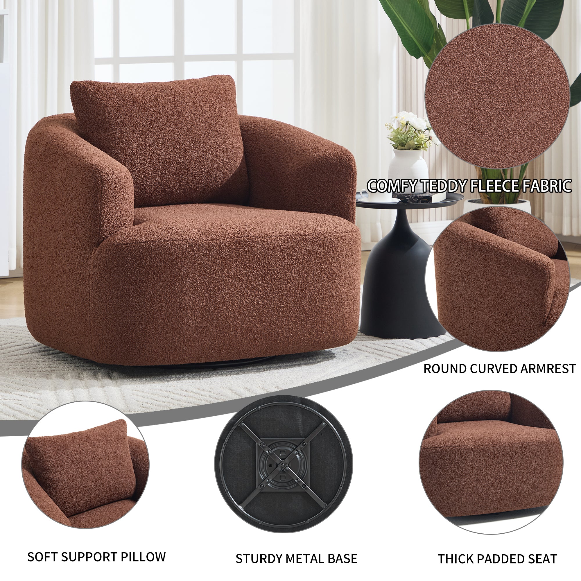 360° Swivel Round Upholstered Comfy Chair With One Soft Pillow, Teddy Fleece High-Resilience Sponge Single Sofa, No Assembly for Living Room, Bedroom, Apartment, Caramel Brown