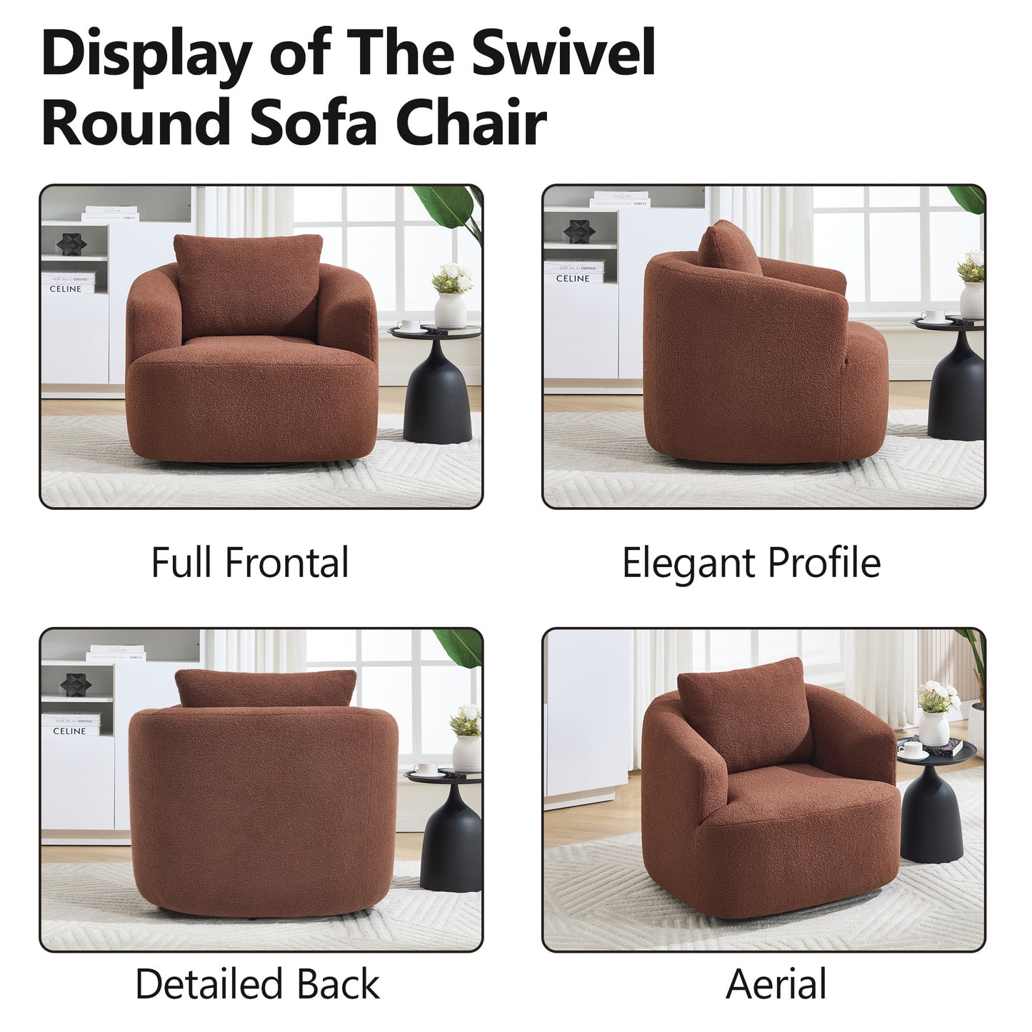 360° Swivel Round Upholstered Comfy Chair With One Soft Pillow, Teddy Fleece High-Resilience Sponge Single Sofa, No Assembly for Living Room, Bedroom, Apartment, Caramel Brown