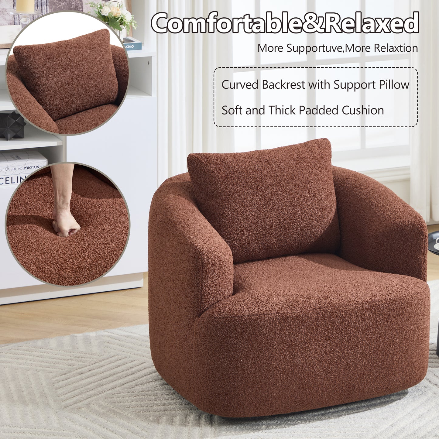 360° Swivel Round Upholstered Comfy Chair With One Soft Pillow, Teddy Fleece High-Resilience Sponge Single Sofa, No Assembly for Living Room, Bedroom, Apartment, Caramel Brown