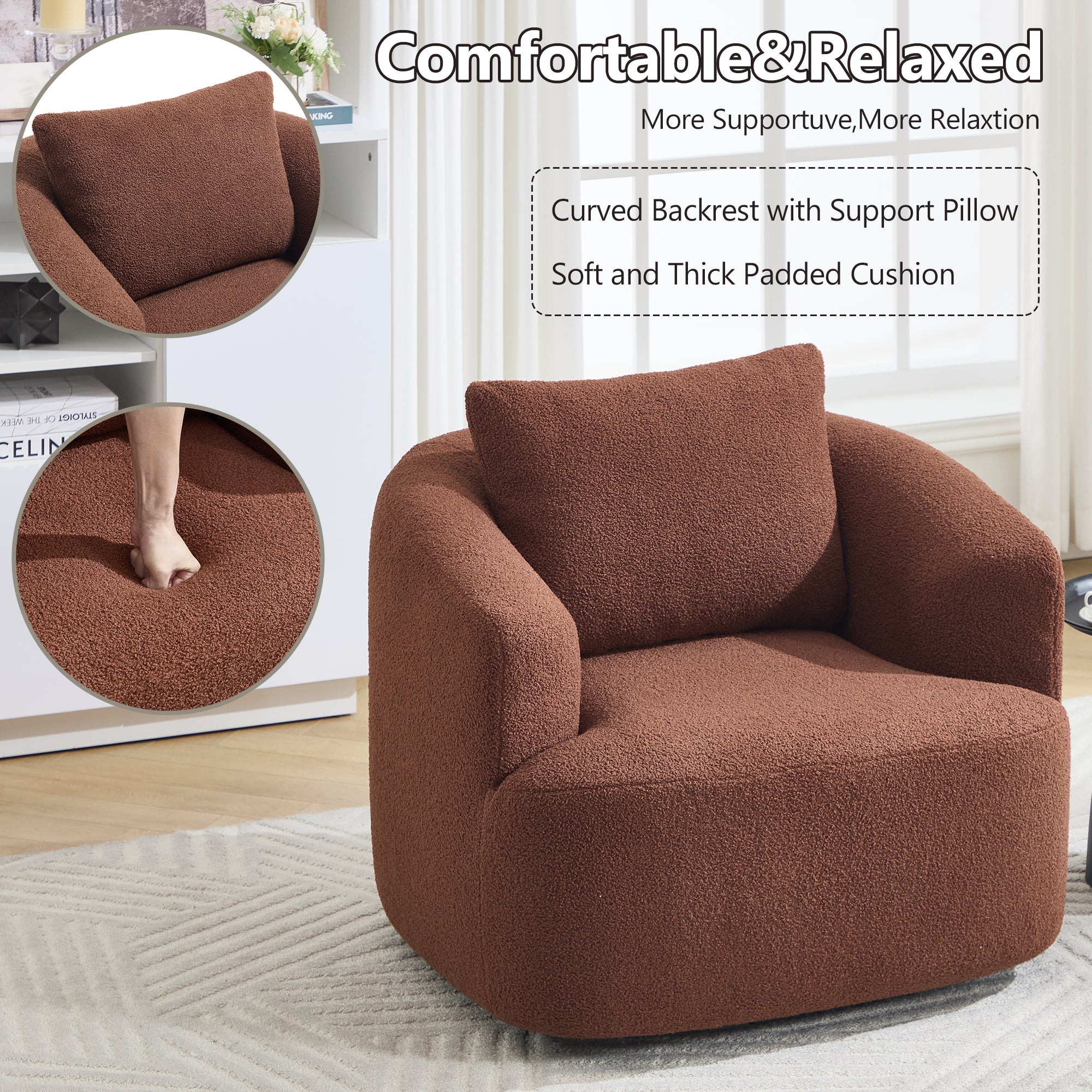 360° Swivel Round Upholstered Comfy Chair With One Soft Pillow, Teddy Fleece High-Resilience Sponge Single Sofa, No Assembly for Living Room, Bedroom, Apartment, Caramel Brown