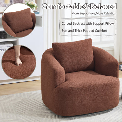 360° Swivel Round Upholstered Comfy Chair With One Soft Pillow, Teddy Fleece High-Resilience Sponge Single Sofa, No Assembly for Living Room, Bedroom, Apartment, Caramel Brown