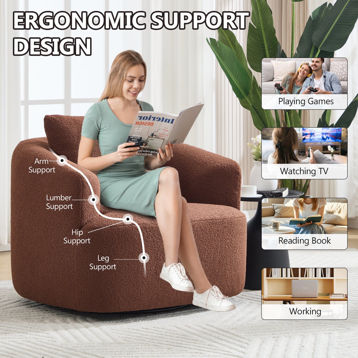 360° Swivel Round Upholstered Comfy Chair With One Soft Pillow, Teddy Fleece High-Resilience Sponge Single Sofa, No Assembly for Living Room, Bedroom, Apartment, Caramel Brown