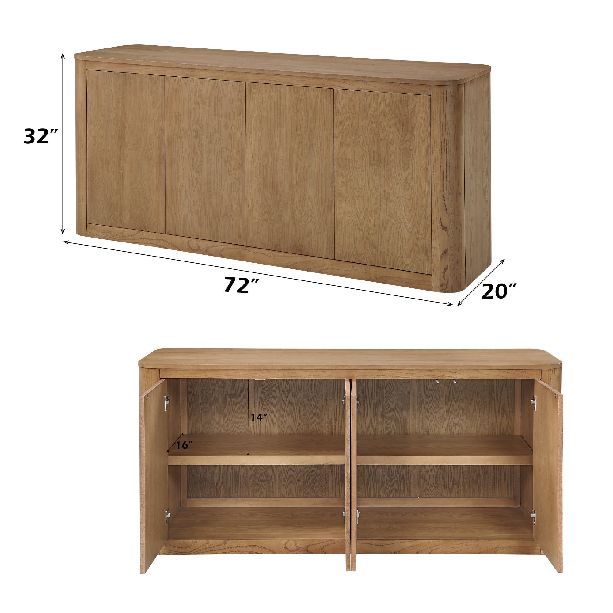 Dimensions of Zoey Oak Server with Shelves: 72 inches wide, 32 inches high, and 20 inches deep, with interior shelf measurements.