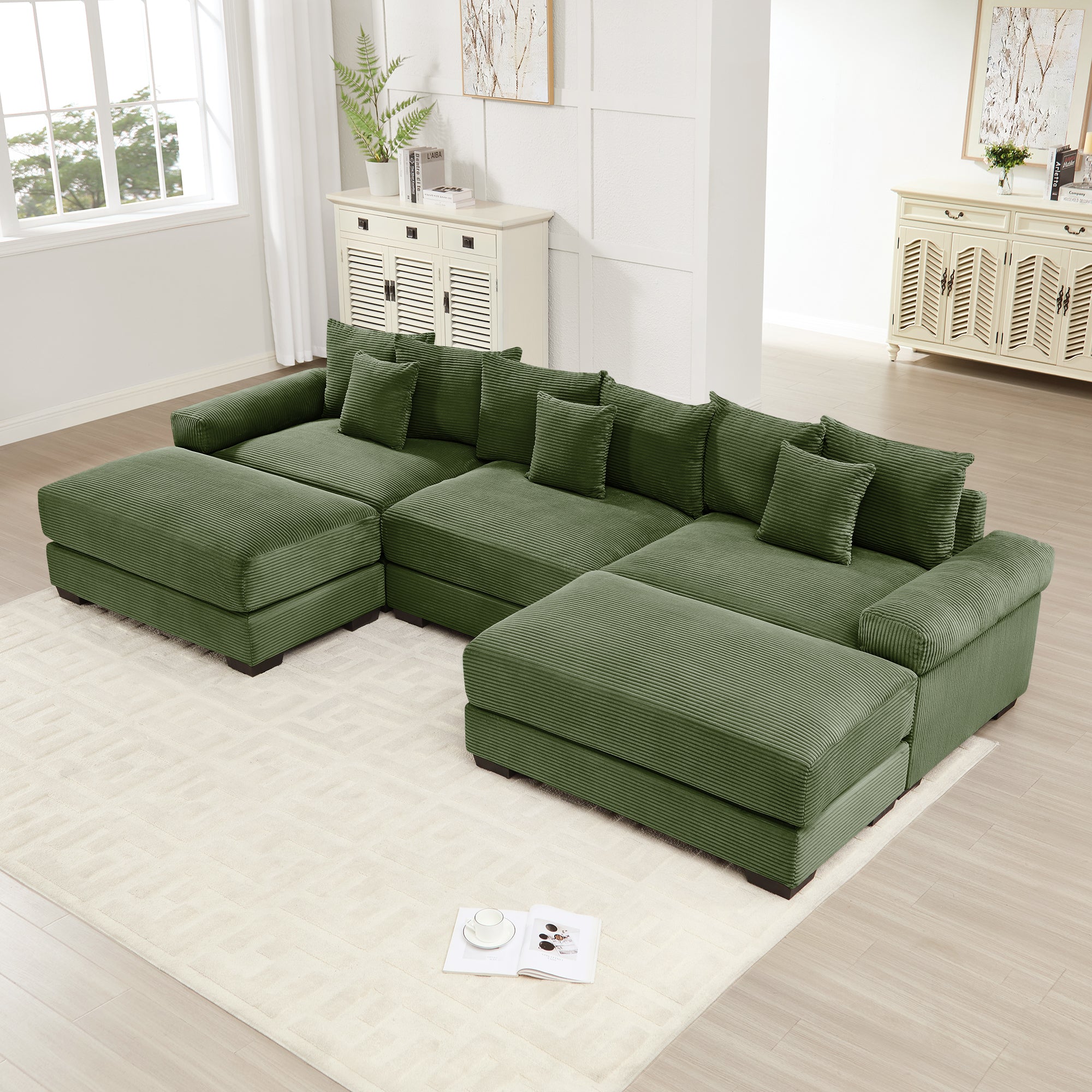 130-Inch Oversized Green Corduroy Modular Sectional with Ottoman